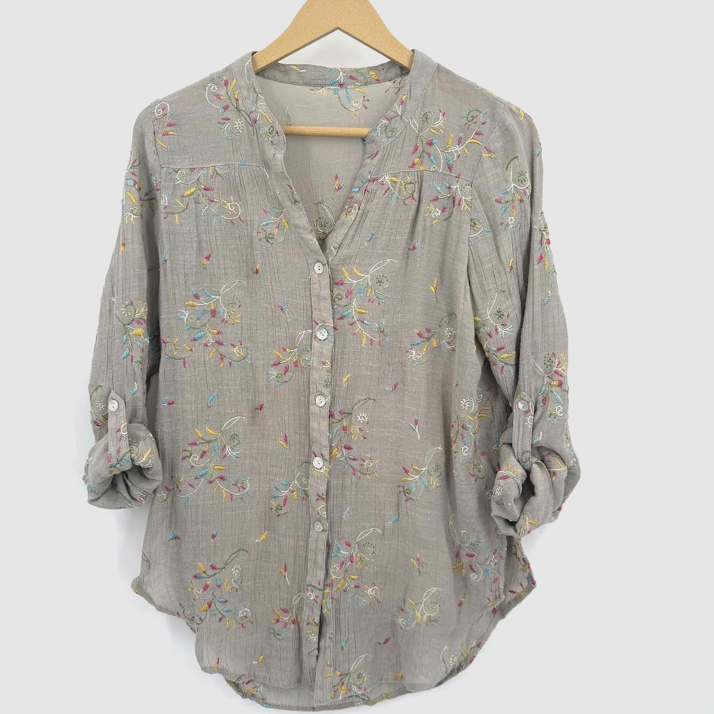 Self Esteem Small Embroidered Boho Roll Tab Gauze Button Front Blouse Taupe